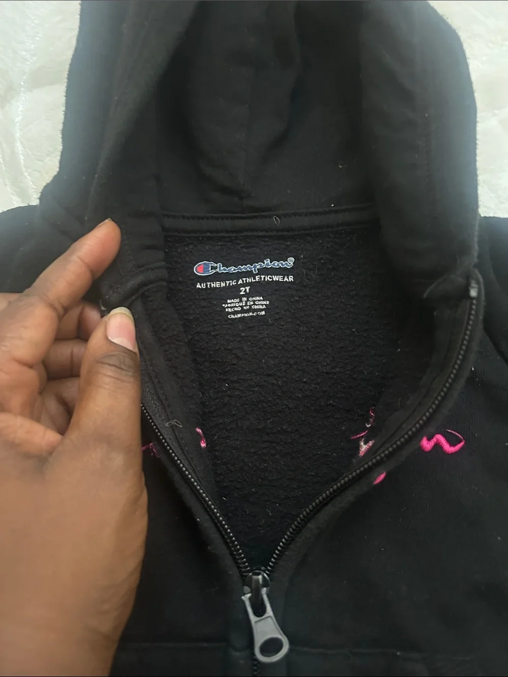 Champion Black Kids Zip Hoodie with Pink Logo